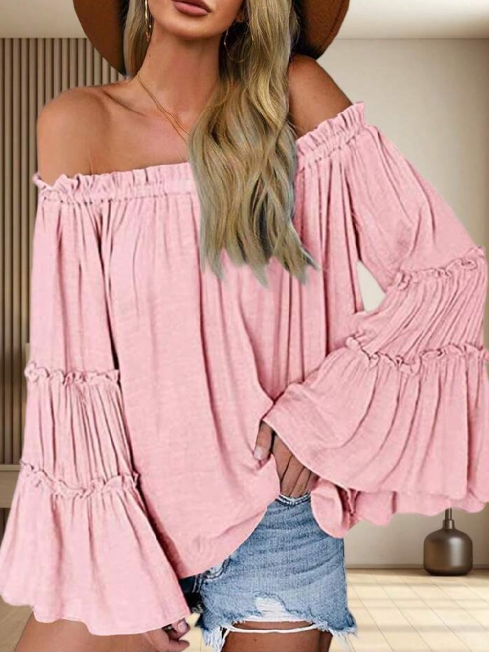 Off-Shoulder Baby Pink Bell Sleeve Top - Womens